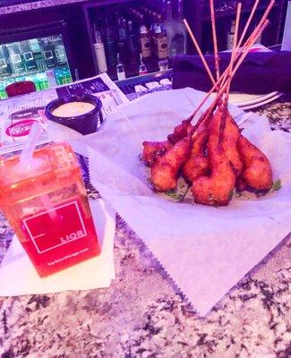 Shrimp Corndogs and Absolut Peach Liqr Box