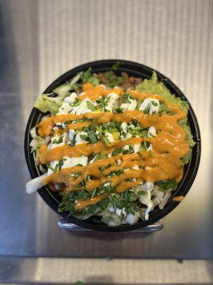 Custom bowl with our Housemade Almond Habanero Salsa.  If you like spicy salsa, this one is on point.