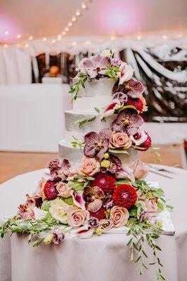 4-tier white cake with silver painting (flowers provided & arranged by Central Square Florist)