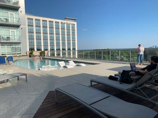 Rooftop pool with view of downtown Raleigh