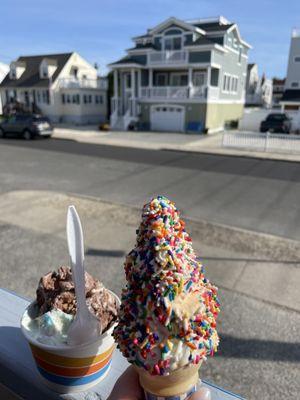 Peach and vanilla soft serve swirl on a wafer cone with rainbow sprinkles and bf got fat Elvis hard ice cream - yumm