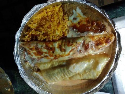 Burrito and chimichanga with rice and beans