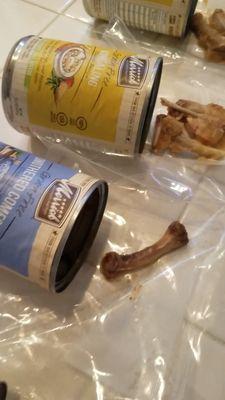 Chicken bones come in the Merrick canned dog food. Be careful when buying.