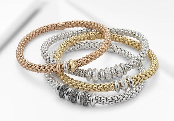 Fope Italy, Fantastic Flexible Bracelets! Designed in Rose, White or Yellow gold. Ideal for wrists that do not like "tight" fits!