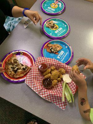 Personal pan pizza and chicken nuggets