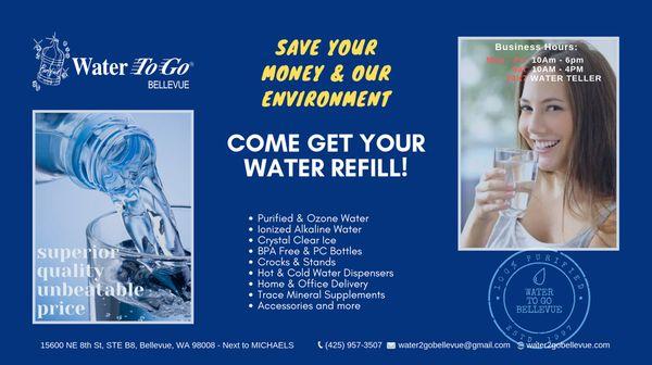 Get your drinking water refill at Water To Go Bellevue