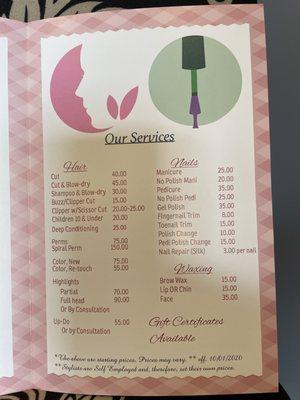 Menu of their services