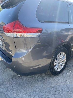 Quick bumper + quarter panel repair on this Toyota Sienna. Quality work, done quickly and efficiently. In & out in 2 days!