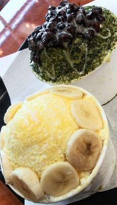 Hawaiian Bingsoo w/bananas, pineapple & peach. Matcha bean Bingsoo.