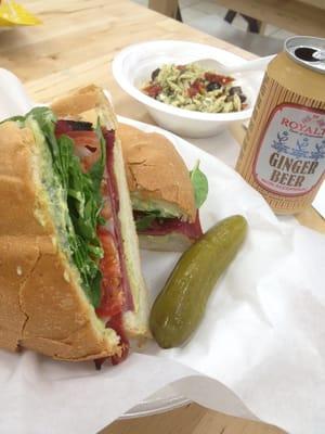 "The Beltway" Sandwich, side of Orzo and Feta Salad and to wash it all down, a Ginger Beer. For dessert... Turkish Dates.