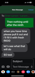 a copy of a text from Brian Larson confirming his in person promise to provide service at no cost after a unit is uninstalled.