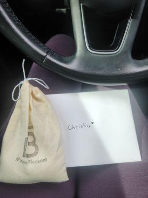 A sweet gift of bath salts and a handwritten note after my first class