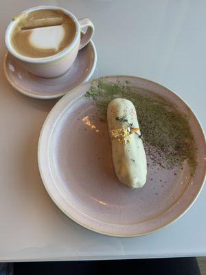 Saffron eclair and cinnamon and fig latte