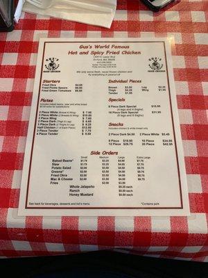 Front side of menu