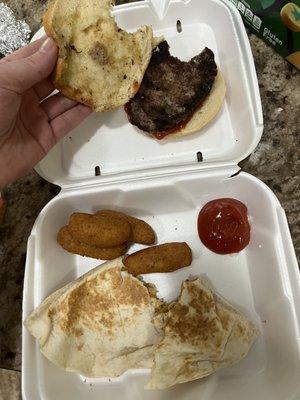 Plain big double burger tray, hush puppies, and a chicken quesadilla.