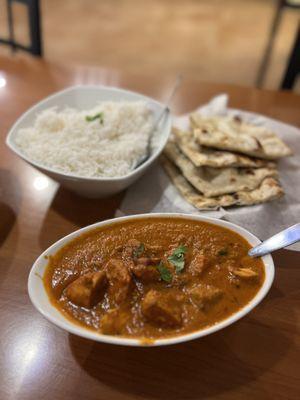 Chicken Makhani (~$15) with basmati rice & Butter Naan (~$4)