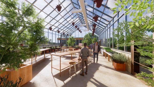 Rendering of the Interior View of the Greenhouse Classroom. Visualized with people, seating and landscape.