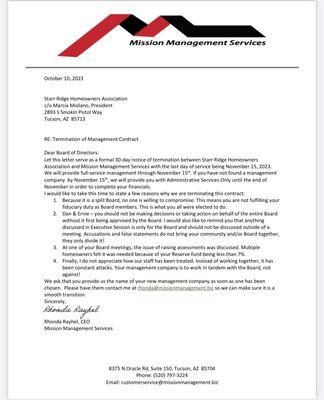 Mission Management Resignation Letter