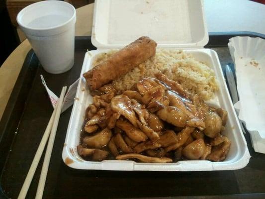 Mushroom Chicken + water.  $6.50.