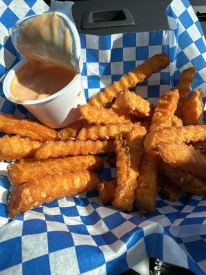 Hot, sweet potato fries with fry sauce