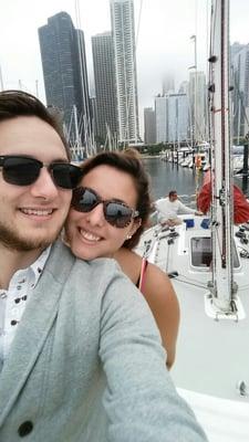 My girlfriend and I with captain Rick driving the boat.