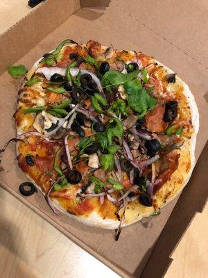 the works - spicy italian sausage  | rustic pepperoni | cremini mushrooms | mozzarella | red onions | green peppers | olives | oregano