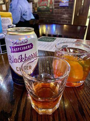 Drinks, blackberry hard cider and old fashioned