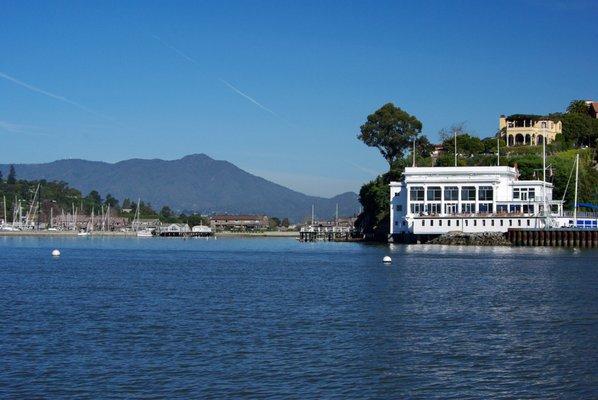 Mount Tamalpais and the Corinthian Yacht Club from the water.