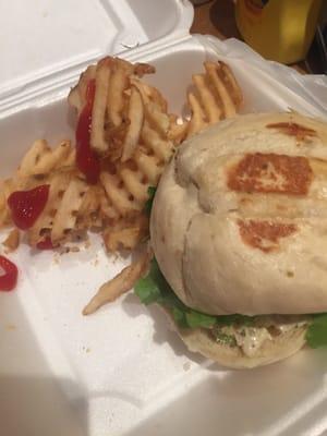 Chicken salad sandwich and waffle fries!