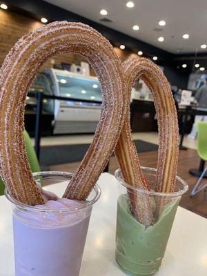 Churros and taro/ matcha flavored ice cream.