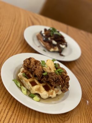 Fried Chicken and Waffles - Buttermilk Fried Chicken w/ Ancho Chili Maple Butter & Maple