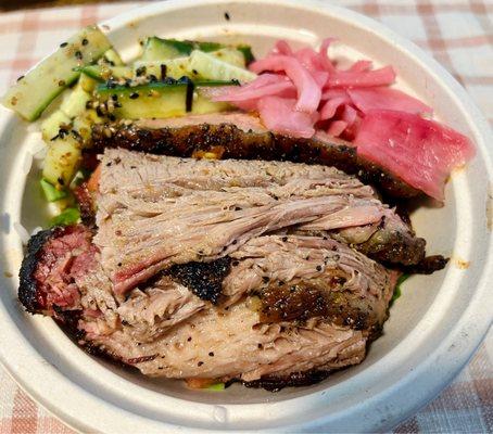 Brisket bowl with cucumber and pickled red onion