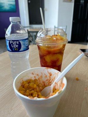 Agua, mangonada, corn in a cup