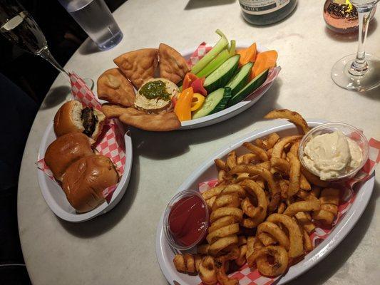 Theater Food: slider trio, curly fries, hummus plate.