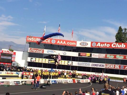 This is how every race begins while the National Anthem is being sung. The American flag is always proudly displayed!