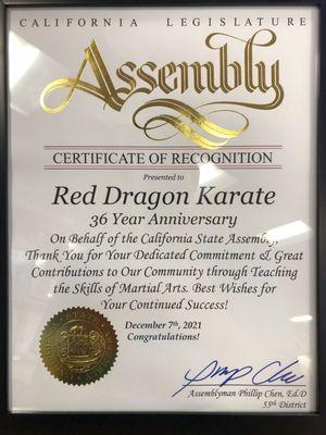 Certificate of Recognition from Assemblyman Phillip Chen.