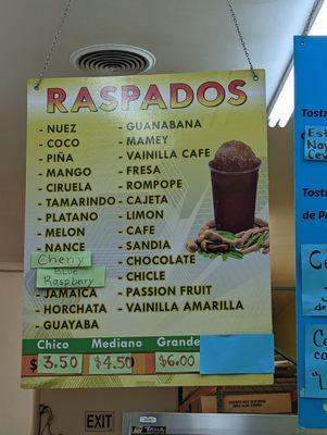 Raspados menu