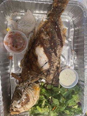 Fried red snapper fish.