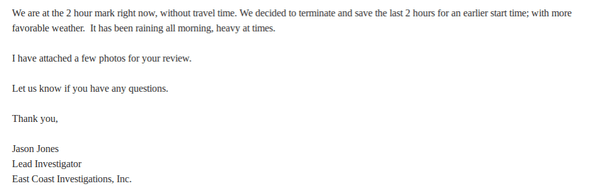 2 hours and 48 mins proof of work. ECI couldn't prove other hours w/ photo/time stamp. Email states remaining hour; dictates other emails.