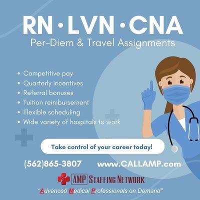 RN, LVN & CNA's wanted for travel and per-diem job opportunities