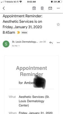 A reminder of my appointment sent on January 30th 2020