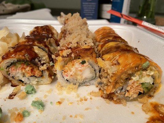 Left to right: deep fried California roll, Westland roll and Michigan roll