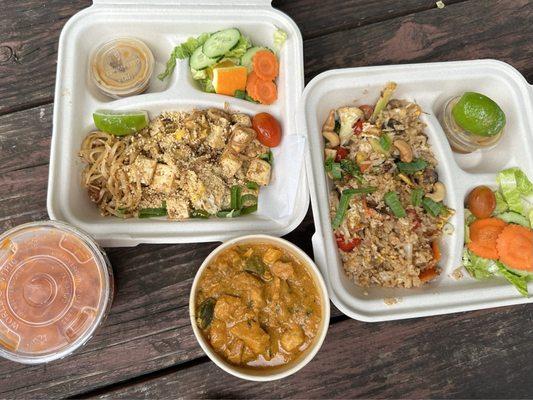 Thai iced tea, Pad Thai with tofu, Chicken curry and Fried rice with vegetables