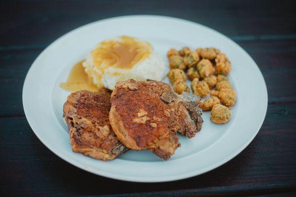 Fried Pork Chop with mashed potatoes and okra - best soul food