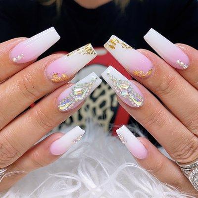 Ombre pink and white with rhinestones