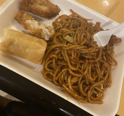 Chicken low mein, egg rolls, and chicken wings