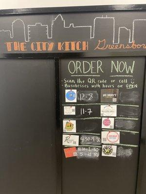 The hours of the different business and scan QR code for the menu.