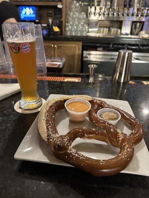 Pretzel with beer cheese and a Paulaner