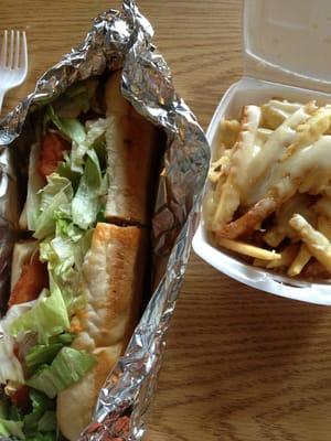 Hot wing hoagie and cheese fries. Takes me back