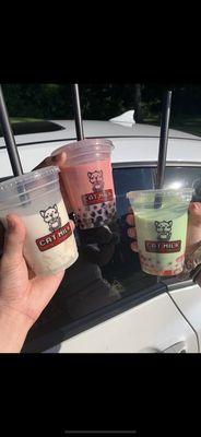 Coconut, strawberry and honeydew milk teas